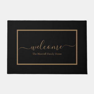 Familienaam Elegant zwart-wit en gouden script Deurmat