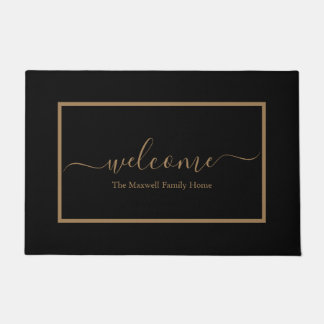 Familienaam Elegant zwart-wit en gouden script Deurmat
