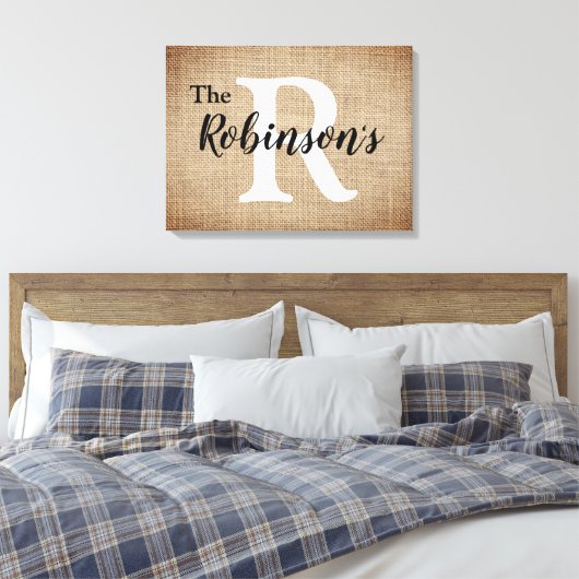 Familienaam en Initiaal Rustic Burlap Afbeelding Canvas Afdruk (Insitu (Slaapkamer))