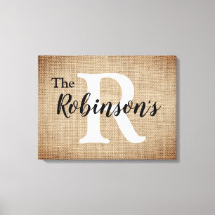 Familienaam en Initiaal Rustic Burlap Afbeelding Canvas Afdruk