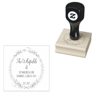 Familienaam en retouradres in botanische krans rubberstempel
