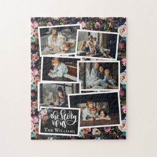 Familienaam Fotocollage Bloemmotief op Zwart Legpuzzel
