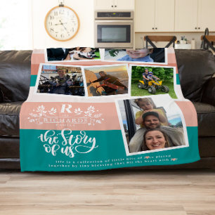 Familienaam Fotocollage   Turquoise & Roze  Fleece Deken