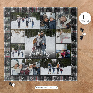 Familienaam Fotocollage Winter Plaid Sneeuwvlokken Legpuzzel
