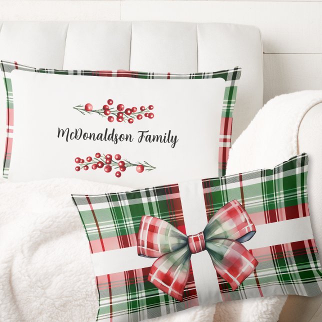 Familienaam Kerst  Cadeau Plaid Rood Groen Kussen (custom Family Name Christmas Vintage Gift Plaid Red Green Lumbar Pillow traditional bow watercolor )