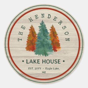 Familienaam Lake House Pine Tree hout gepersonalis Ronde Sticker