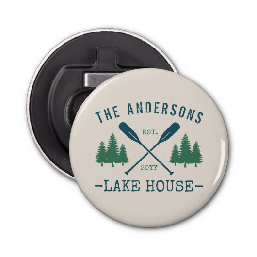 Familienaam Lake House Rustic Oars Pine Trees Button Flesopener (Voorkant)
