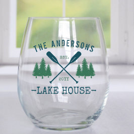 Familienaam Lake House Rustic Oars Pine Trees Wijnglas Zonder Voet