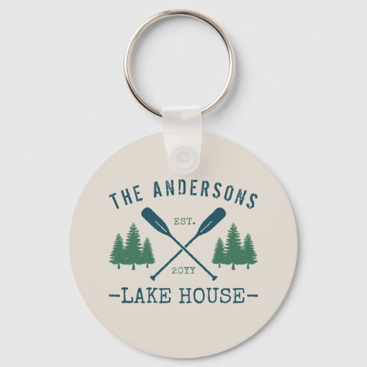 Familienaam Lake House Rustige Oars Pine Tree Roun Sleutelhanger (Voorkant)
