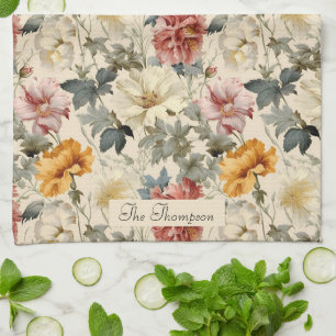 Familienaam luxe retro bloemenkunst Elegante stijl Theedoek