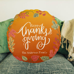 Familienaam Modern Autumn Herfst Happy Thanksgivin Rond Kussen