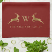 Familienaam Monogram Gold Deer Red Theedoek (Gevouwen)