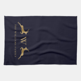 Familienaam Monogram Goud Herten Midnight Marine Theedoek