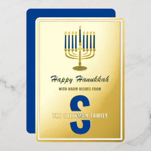 Familienaam Monogram Menorah Kaars Gelukkig Hanukk Folie Feestdagenkaart