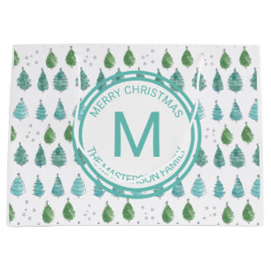 Familienaam Monogram Merry Kerstbomen Blauwgroen Groot Cadeauzakje