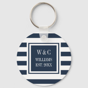 Familienaam Monogram Navy Blue White Stripe Sleutelhanger