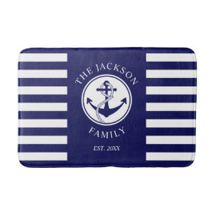 Familienaam Nautical Anchor Blue Stripes Pattern Badmat