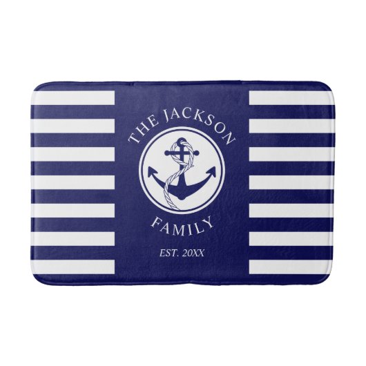 Familienaam Nautical Anchor Blue Stripes Pattern Badmat (Voorkant)