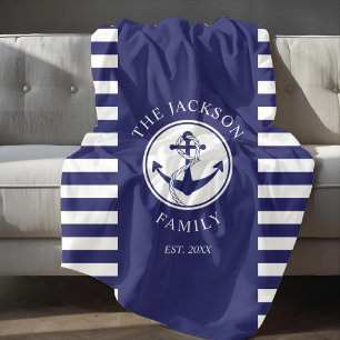 Familienaam Nautical Anchor Blue Stripes Pattern Fleece Deken