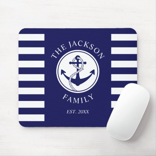 Familienaam Nautical Anchor Blue Stripes Pattern Muismat (Met muis)