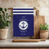 Familienaam Nautical Anchor Blue Stripes Pattern Theedoek