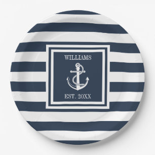 Familienaam Nautical Anchor Boat Navy Blue Stripe Papieren Bordje