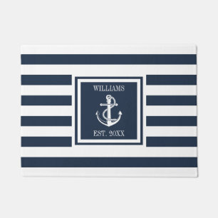 Familienaam Nautical Boat Anchor Navy Blue Stripe Deurmat