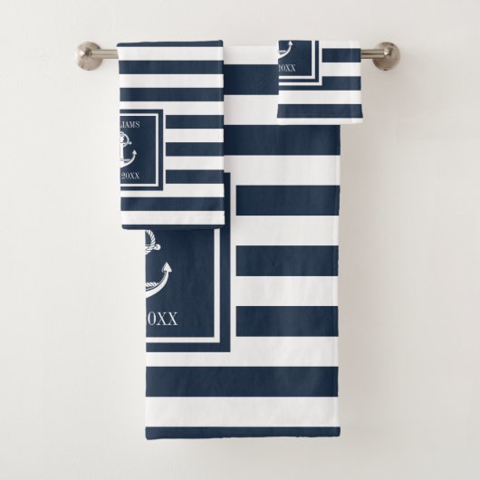 Familienaam Navy Blauwe Streep Zeevaart Anker Bad Handdoek (Insitu)