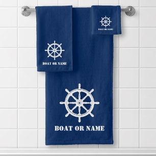 Familienaam of boot Nautical Ship Wheel Helm Navy Bad Handdoek