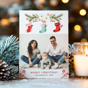 Familienaam op kerstkleppen met foto feestdagenkaart