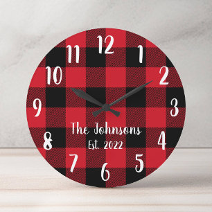 Familienaam Rode Buffalo Plaid Ronde Klok