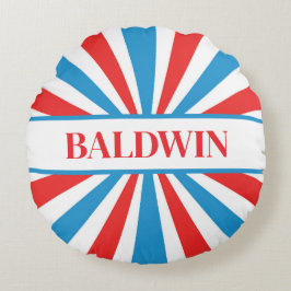 Familienaam Rood, Wit en Blauw Sunburst Rond Kussen