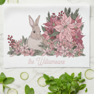 Familienaam Roze bloemen en konijnenkerstmis Theedoek