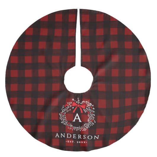Familienaam Rustic Holiday Wreath Buffalo Plaid Kerstboom Rok (Voorkant)