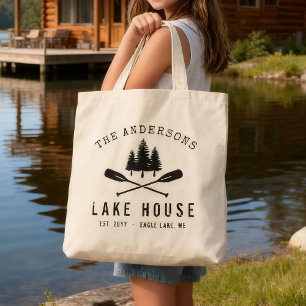 Familienaam Rustic Lake House Boat Oars Trees Tote Bag
