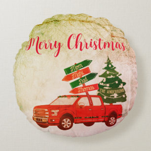 Familienaam Rustic  Red Truck Christmas Rond Kussen