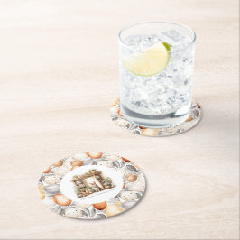 familienaam rustiek beige paasfeest ronde kartonnen onderzetter