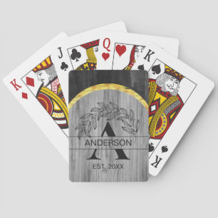 Familienaam Rustiek Grijs Houten Monogram Goud Pokerkaarten