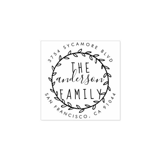 Familienaam Rustiek Script & Krans Retouradres Rubberstempel (Afrduk)