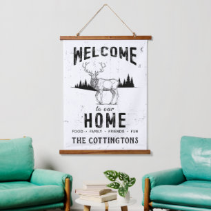  familienaam rustieke hut hangend wandkleed