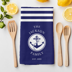 Familienaam Scheepsanker Blauwe Strepen Patroon Theedoek