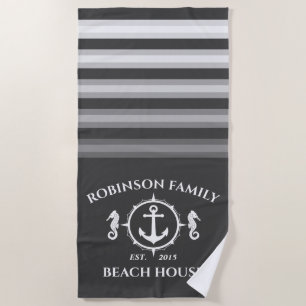 Familienaam Strand Huis Seahorse Anker Schip Grijs Strandlaken