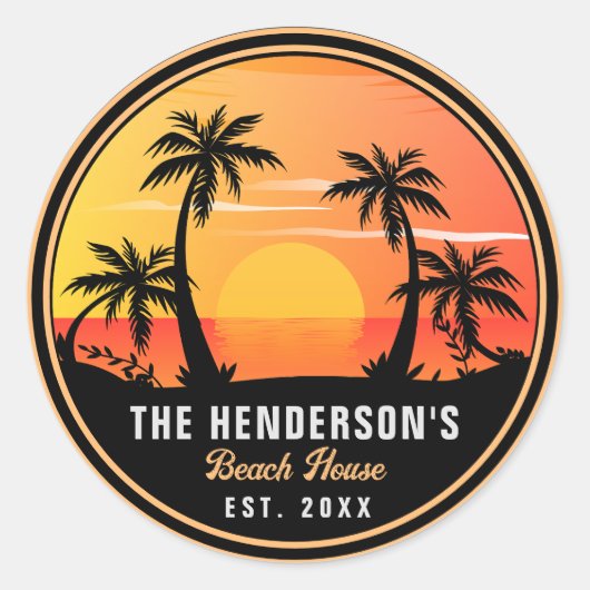 Familienaam Strandhuis Retro Sunset Souvenirs 60s Ronde Sticker (Voorkant)