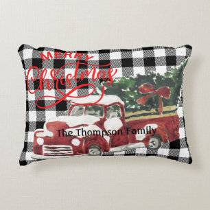Familienaam traditionele buffalo plaid red truck accent kussen