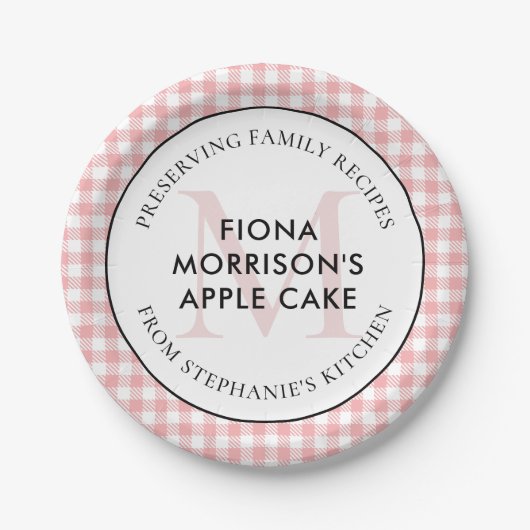 Familierecepten Red Gingham Monogram Papieren Bordje (Voorkant)