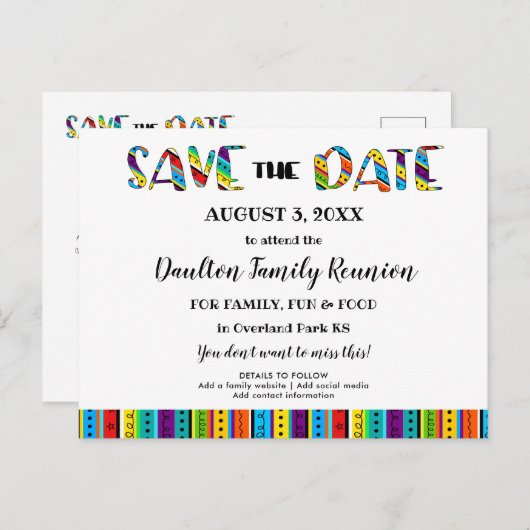 Familiereünie, feest- of evenementenplezier Save t Aankondigingskaart (Voorkant / Achterkant)