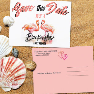 Familiereünie Save The Date Tropical Flamingo's Aankondigingskaart