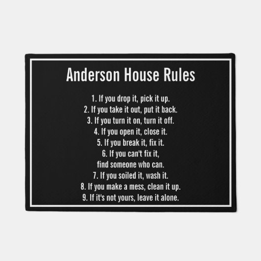 Familie's House Rules Zwart-wit Tekst Sjabloon Deurmat (Voorkant)