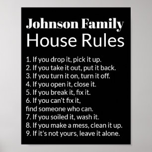Familie's House Rules Zwart-wit Tekst Sjabloon Poster
