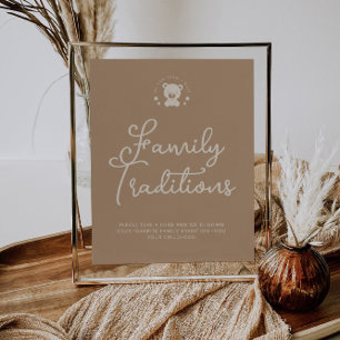 Familietradities Beige Beer Babyshower Bord Poster